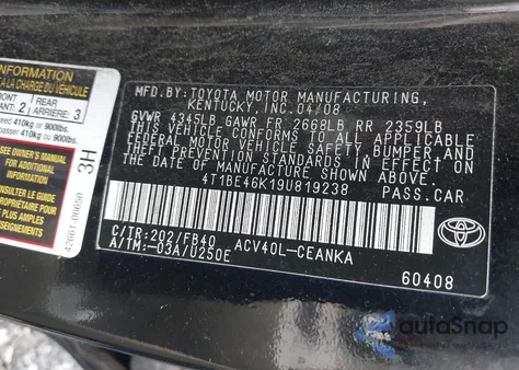 2009 Toyota Camry Le from USA, damaged, VIN 4T1BE46K19U819238